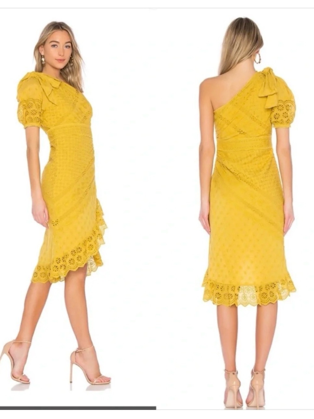 Ulla Johnson Asymmetrical One-Shoulder Mustard Eyelet Midi‎ Dress